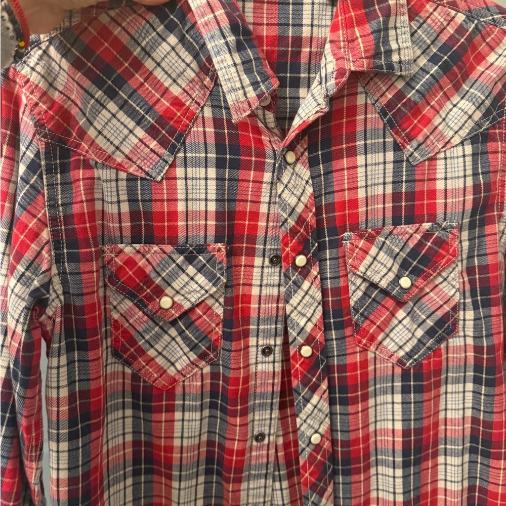 Arizona Jean Company Red and Blue Plaid Button Down Shirt
